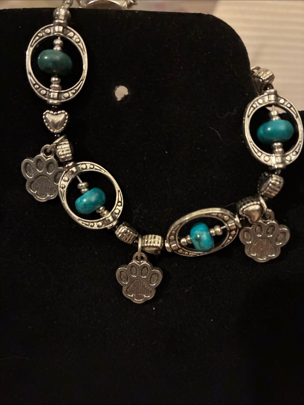 Turquoise Paw Print Charm Bracelet - Silver Tone Women Jewelry